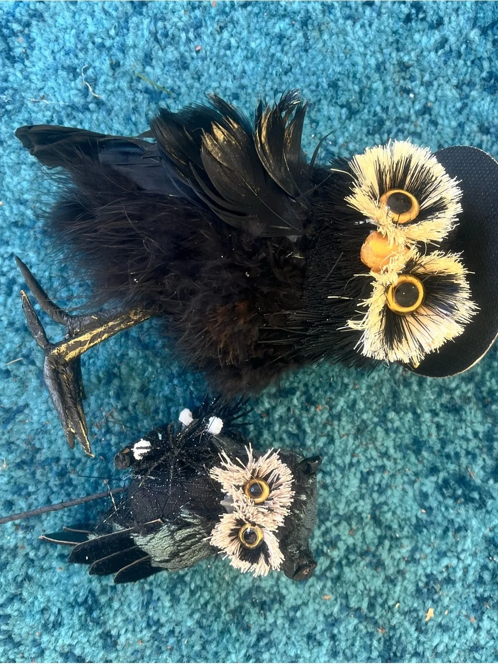 Black Decorative Feather Owl Figurine with Top Hat -